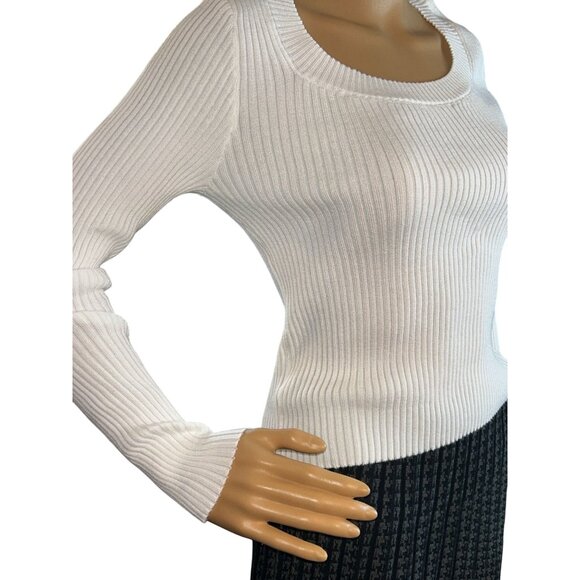 Womens Scoopneck‎ Long Sleeve Ribbed Sweater Medium White Modern Classic - Picture 2 of 8